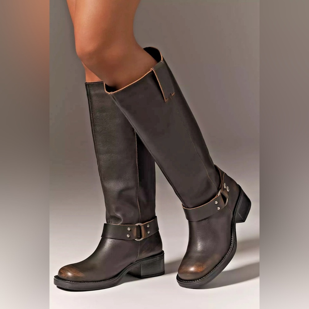 Anthropologie Brown Leather Knee-High Heeled Cowboy Boots